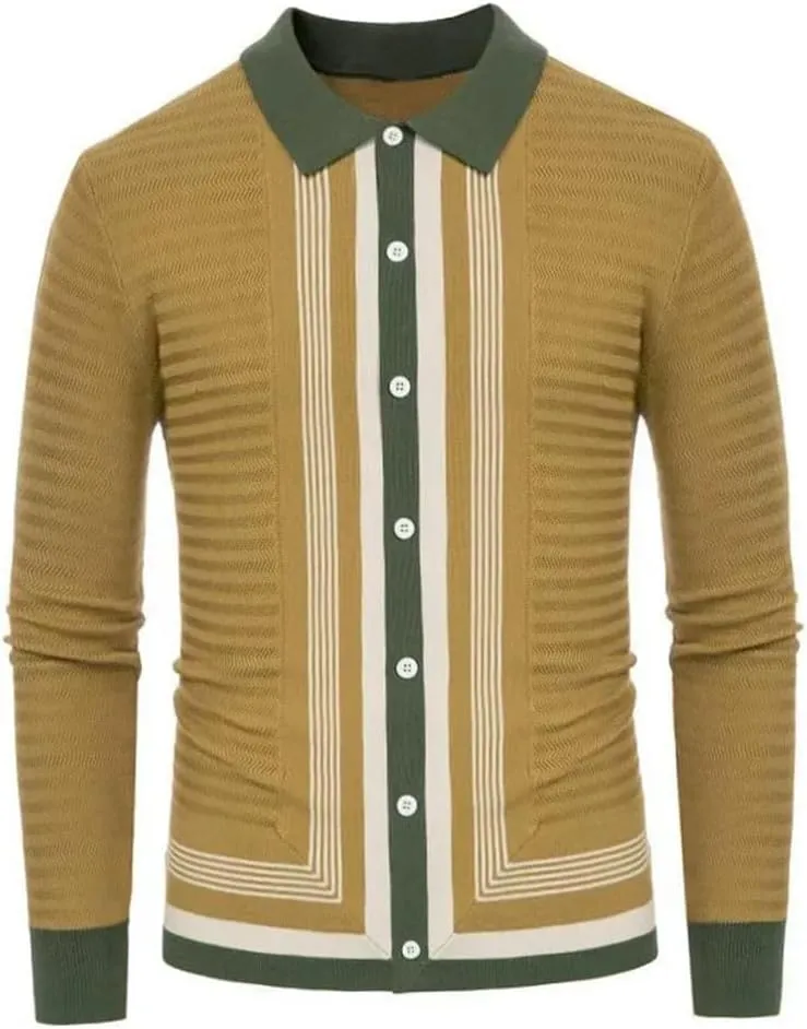 Men's Summer Striped Knit Ribbed Polo Shirt Long Sleeve Button Down Button Cardigan Business Polo Shirt