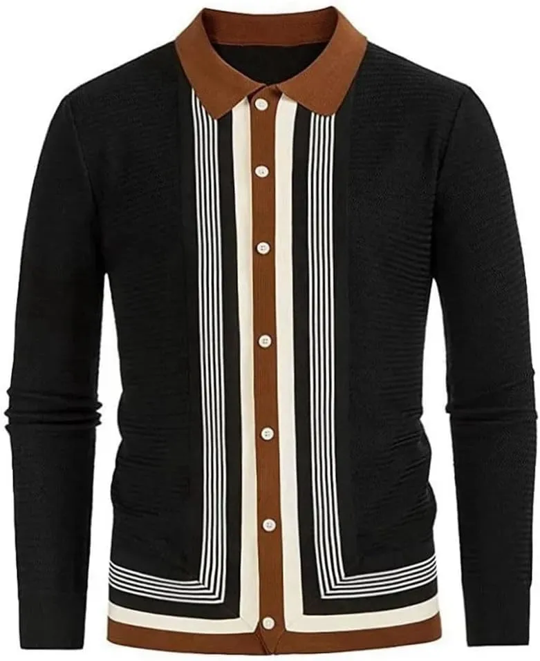Men's Summer Striped Knit Ribbed Polo Shirt Long Sleeve Button Down Button Cardigan Business Polo Shirt