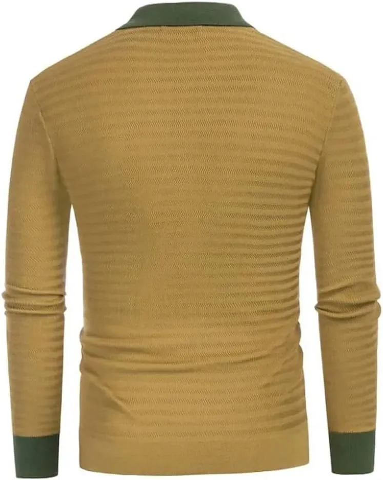 Men's Summer Striped Knit Ribbed Polo Shirt Long Sleeve Button Down Button Cardigan Business Polo Shirt