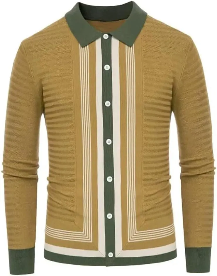 Men's Summer Striped Knit Ribbed Polo Shirt Long Sleeve Button Down Button Cardigan Business Polo Shirt