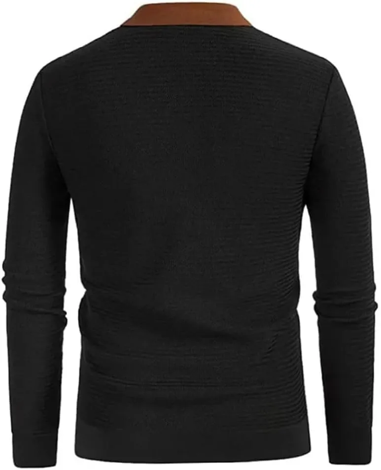 Men's Summer Striped Knit Ribbed Polo Shirt Long Sleeve Button Down Button Cardigan Business Polo Shirt