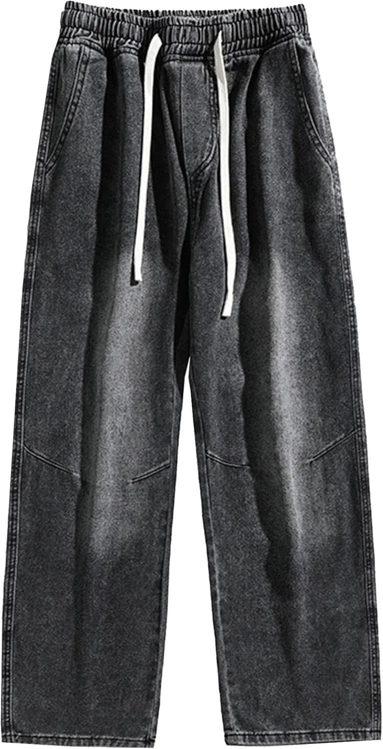 Mens Wide Leg Baggy Jeans Elastic Loose Fit Waist Cargo Pants Relaxed Fit Straight Leg Trousers
