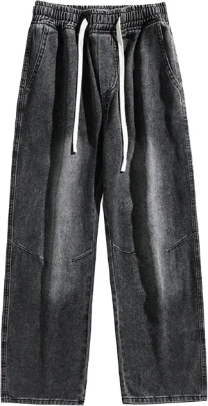 Mens Wide Leg Baggy Jeans Elastic Loose Fit Waist Cargo Pants Relaxed Fit Straight Leg Trousers