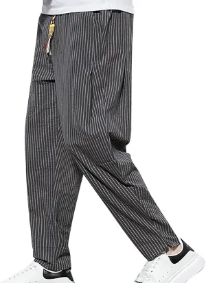 Mens Wide Leg Harem Pants Big and Tall Summer Yoga Beach Pants with Drawstring Lightweight 3/4 Stripe Printed Capris for Men