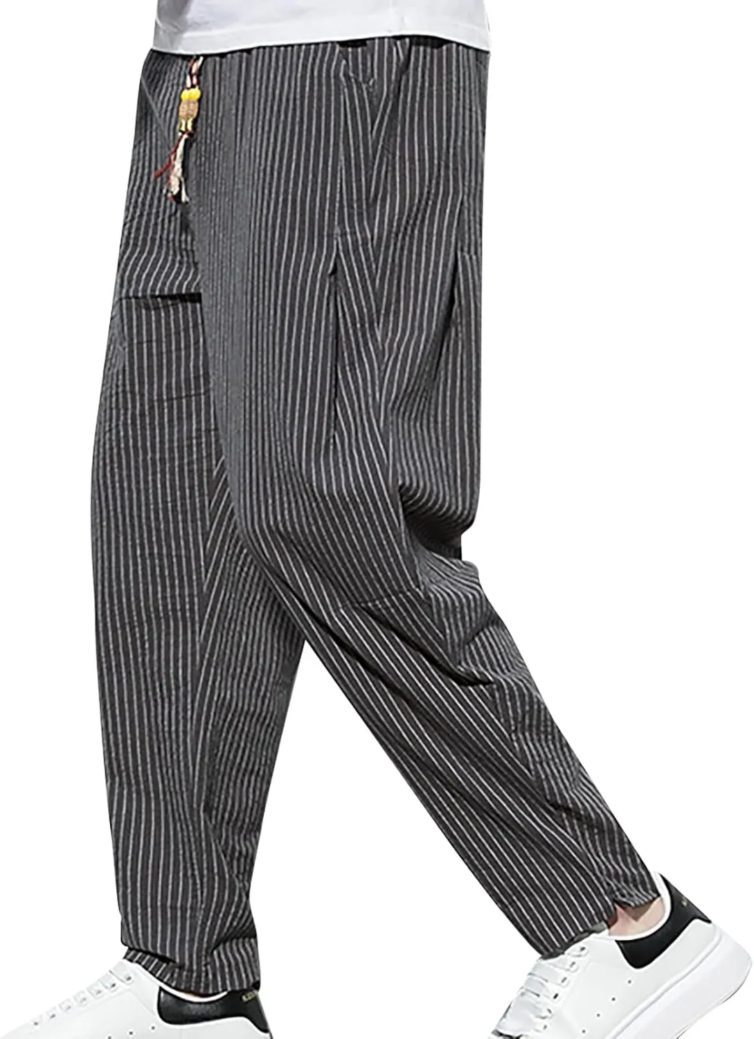 Mens Wide Leg Harem Pants Big and Tall Summer Yoga Beach Pants with Drawstring Lightweight 3/4 Stripe Printed Capris for Men