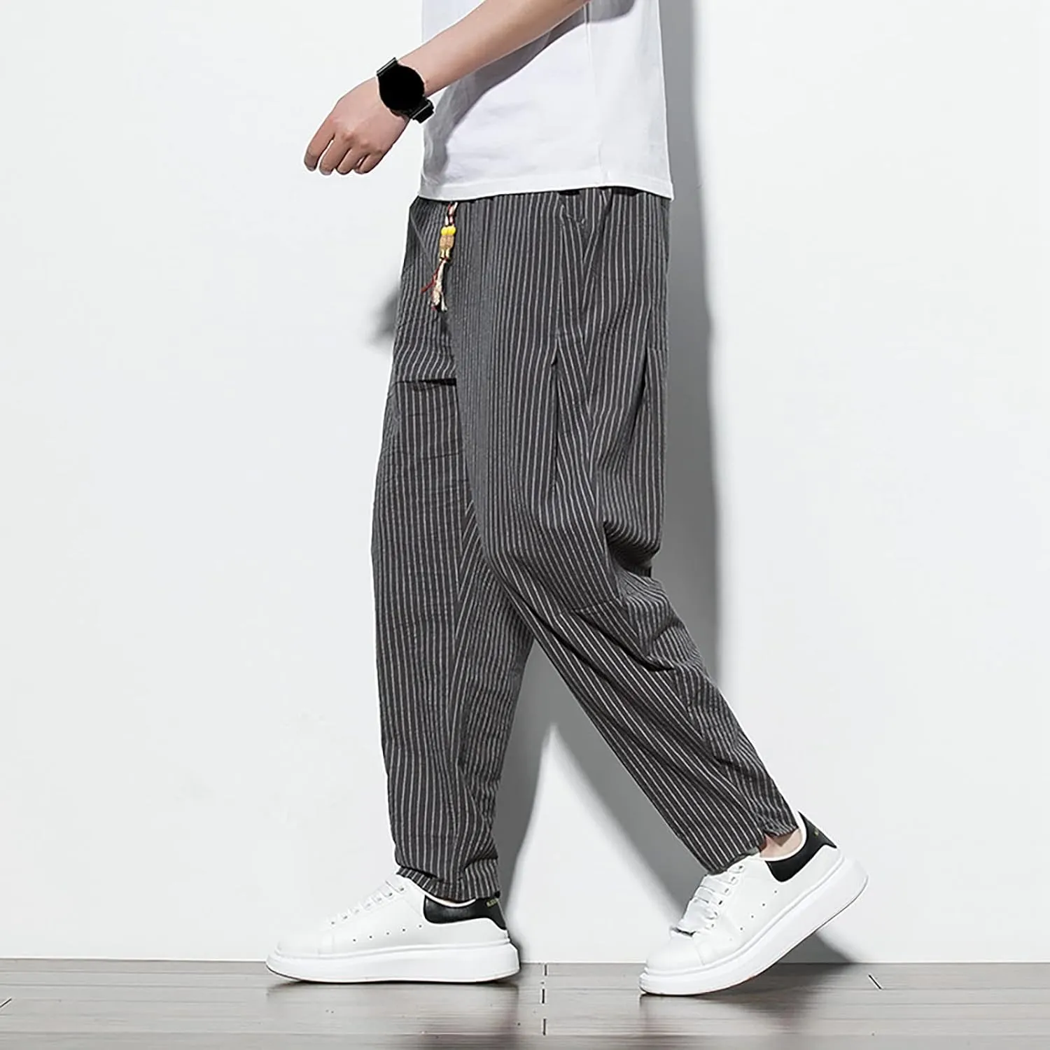 Mens Wide Leg Harem Pants Big and Tall Summer Yoga Beach Pants with Drawstring Lightweight 3/4 Stripe Printed Capris for Men