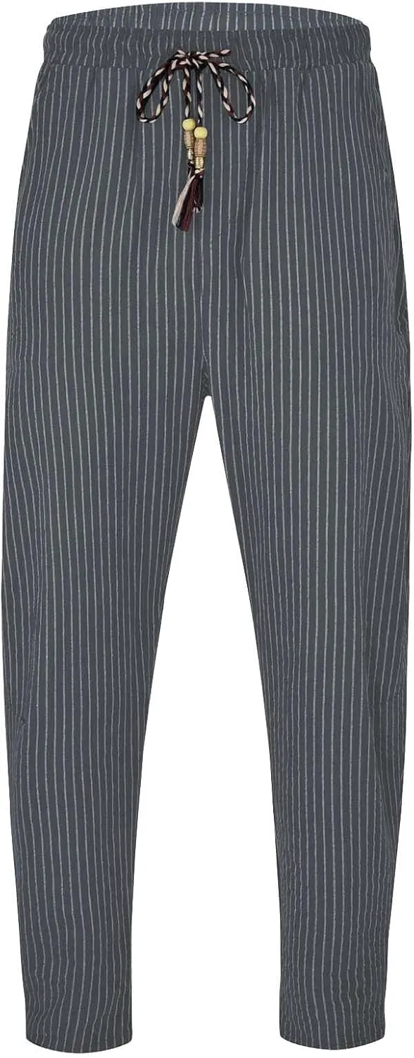 Mens Wide Leg Harem Pants Big and Tall Summer Yoga Beach Pants with Drawstring Lightweight 3/4 Stripe Printed Capris for Men