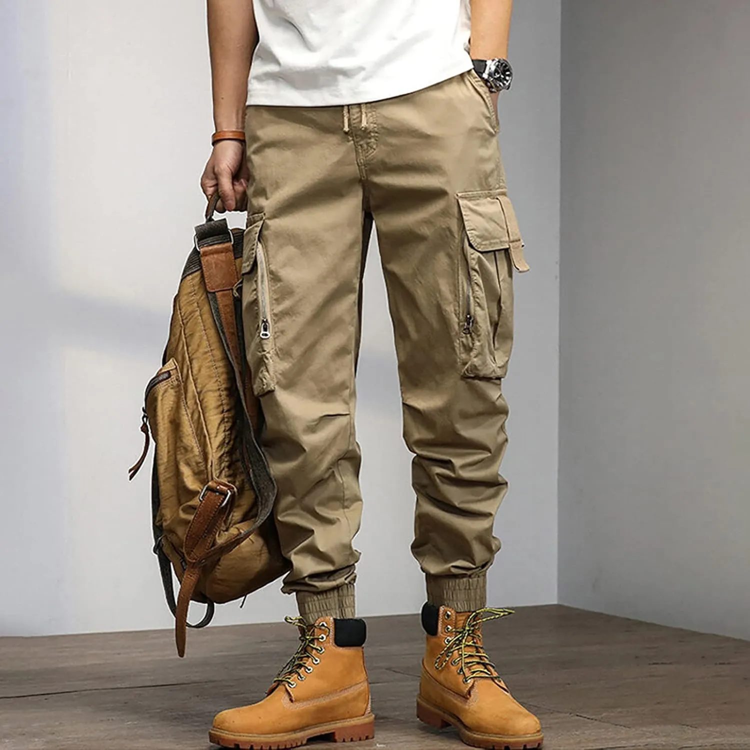 Mens Workout Cargo Sweatpants Joggers with Pockets Men's Solid Fleece Heavyweight Cargo Pants Men's Slim Jogger Pants