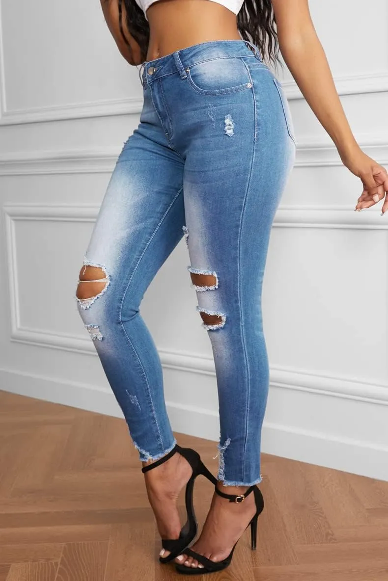 Meufam Women's Fashion Stretch Ripped Hole Skinny Jeans Casual Distressed Denim Pants Comfy Skinny Jeans