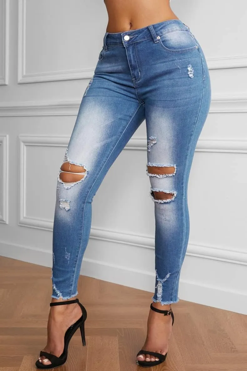 Meufam Women's Fashion Stretch Ripped Hole Skinny Jeans Casual Distressed Denim Pants Comfy Skinny Jeans