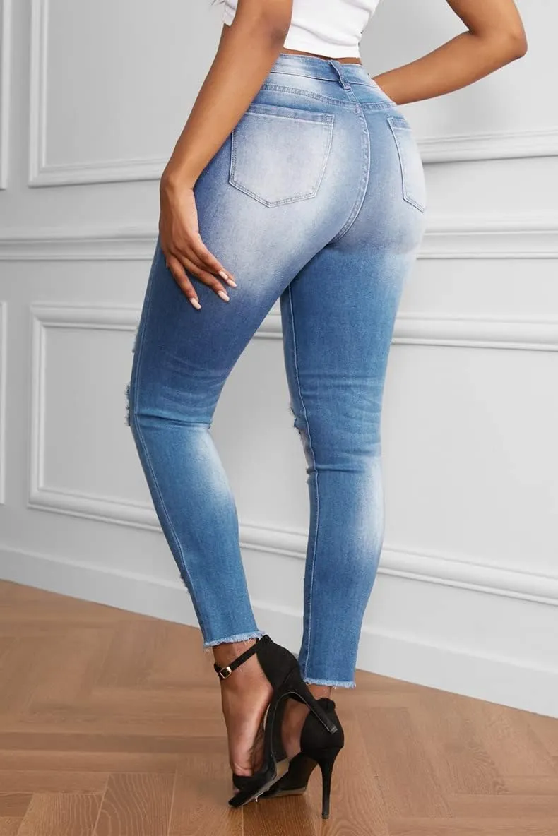 Meufam Women's Fashion Stretch Ripped Hole Skinny Jeans Casual Distressed Denim Pants Comfy Skinny Jeans