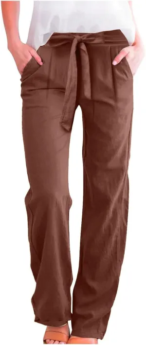 midelxp Straight Leg Linen Pants Women Summer Lightweight Drawstring High Waist Plus Size Pants Loose Comfy Boho Beach Pants