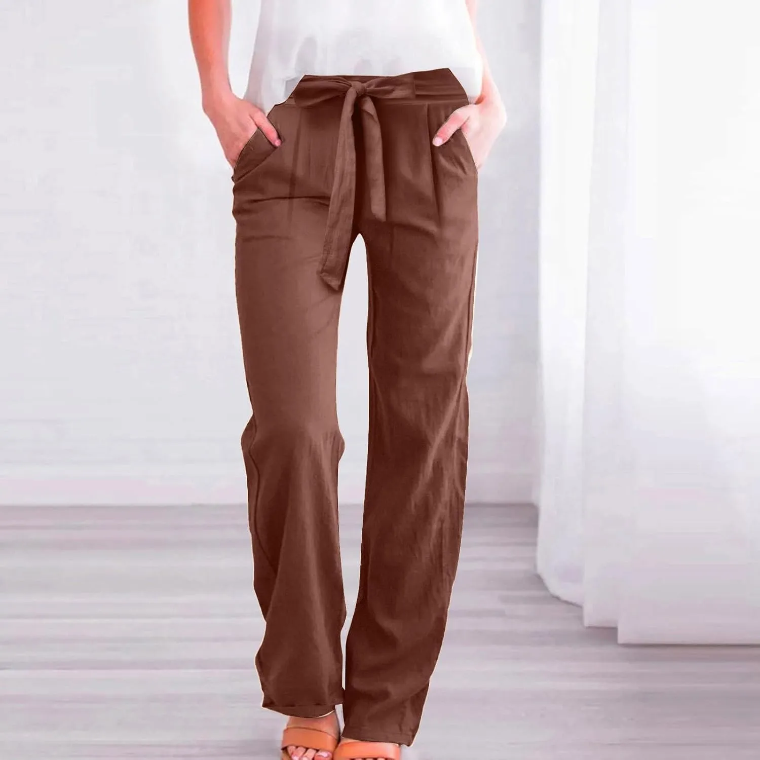 midelxp Straight Leg Linen Pants Women Summer Lightweight Drawstring High Waist Plus Size Pants Loose Comfy Boho Beach Pants