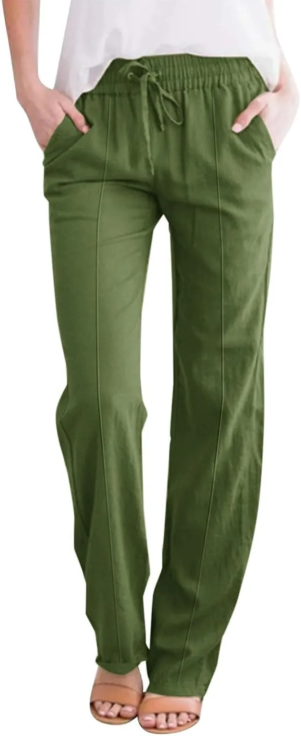 midelxp Summer Linen Pants for Women Lightweight Loose Fit Long Trousers with Pockets High Waisted Vacation Beach Pants 2025