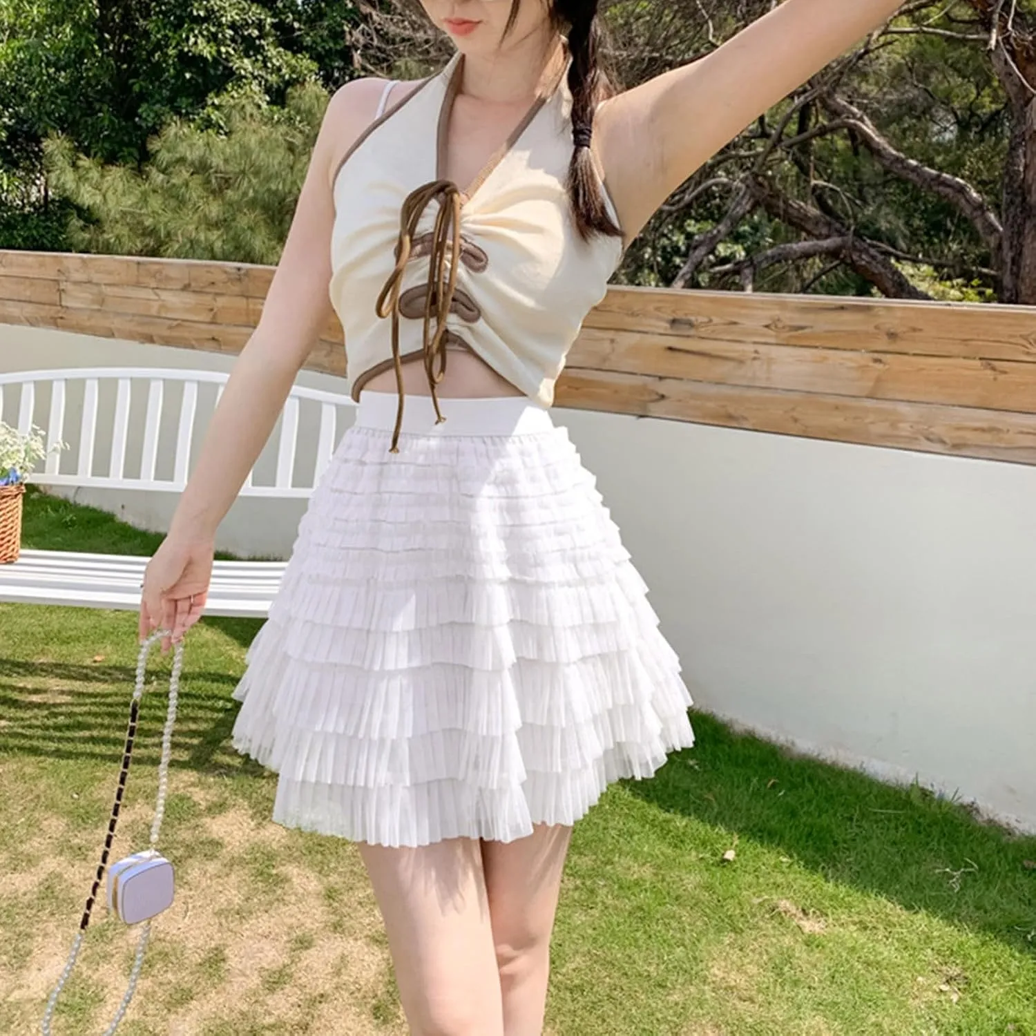 Mini Skirt Women's Summer Mesh Elastic Waist High Waist Slimming Cake Skirt A Line Loose Trendy Streetwear for Women