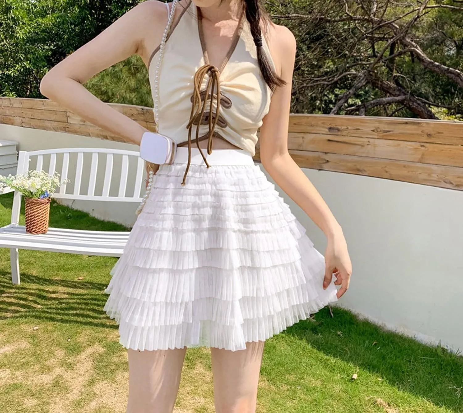 Mini Skirt Women's Summer Mesh Elastic Waist High Waist Slimming Cake Skirt A Line Loose Trendy Streetwear for Women