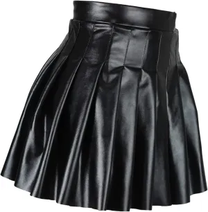 Mini Skirts for Women Trendy High Elastic Waist PU Leather Tummy Control Pleated Comfy Mini Skirts for Dance Summer