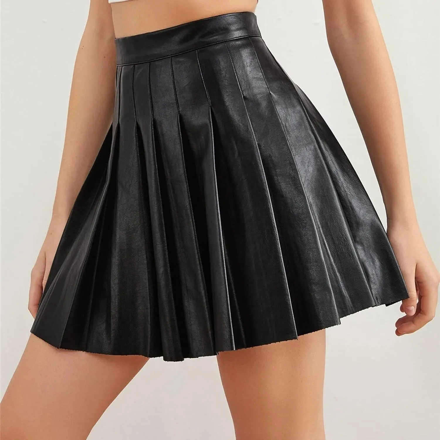 Mini Skirts for Women Trendy High Elastic Waist PU Leather Tummy Control Pleated Comfy Mini Skirts for Dance Summer
