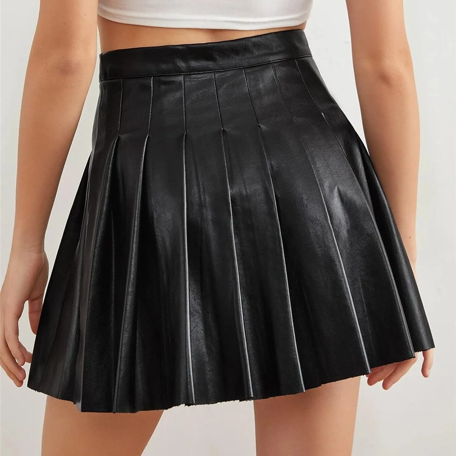 Mini Skirts for Women Trendy High Elastic Waist PU Leather Tummy Control Pleated Comfy Mini Skirts for Dance Summer