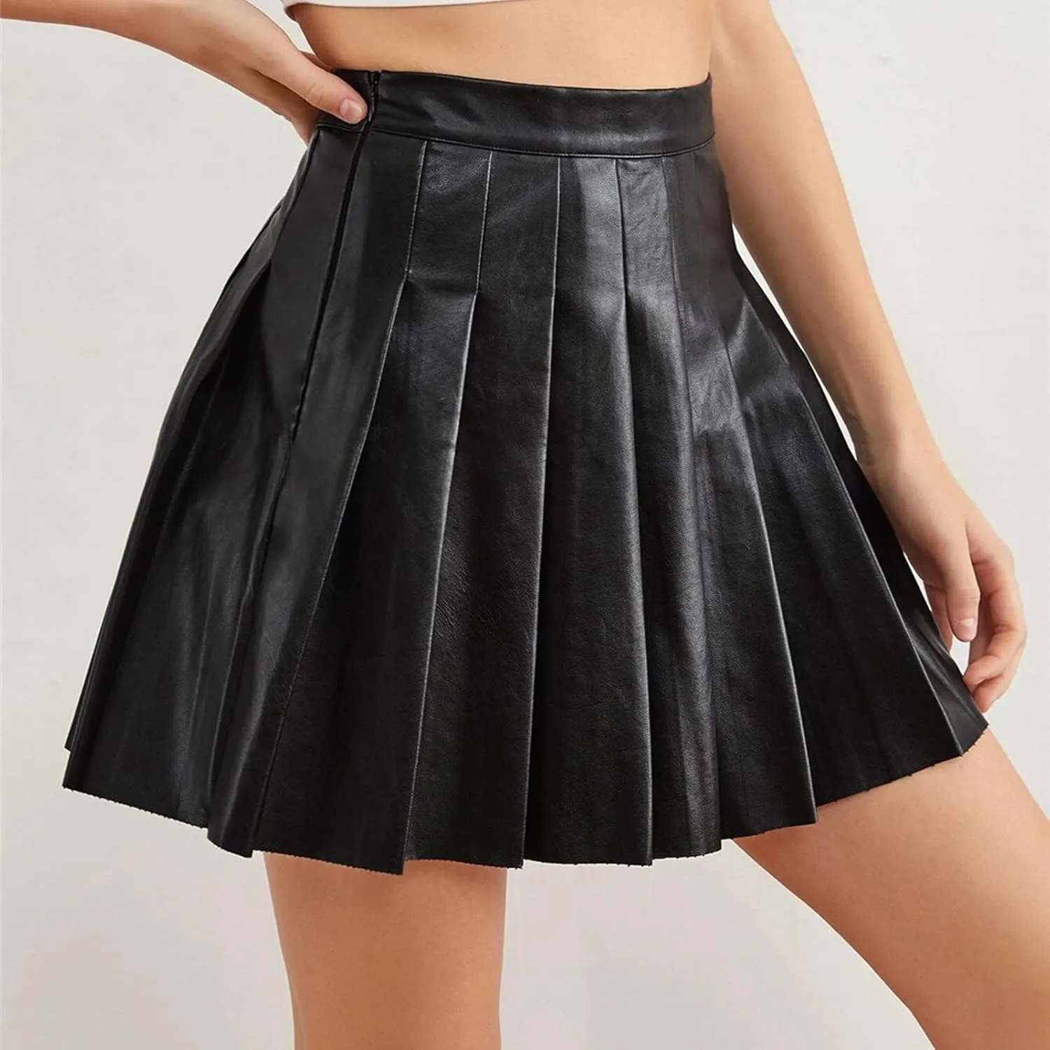 Mini Skirts for Women Trendy High Elastic Waist PU Leather Tummy Control Pleated Comfy Mini Skirts for Dance Summer