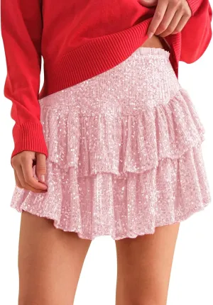 Mini Skirts for Women Trendy Sequin Sparkly High Waist Tummy Control Hot Ruffles A Line Pleated Dance Short Skirts