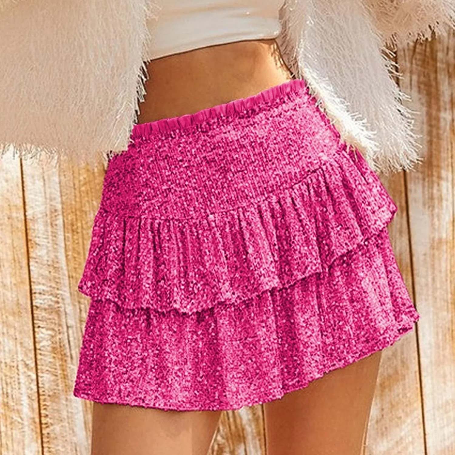 Mini Skirts for Women Trendy Sequin Sparkly High Waist Tummy Control Hot Ruffles A Line Pleated Dance Short Skirts
