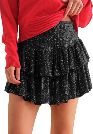 Mini Skirts for Women Trendy Sequin Sparkly High Waist Tummy Control Hot Ruffles A Line Pleated Dance Short Skirts