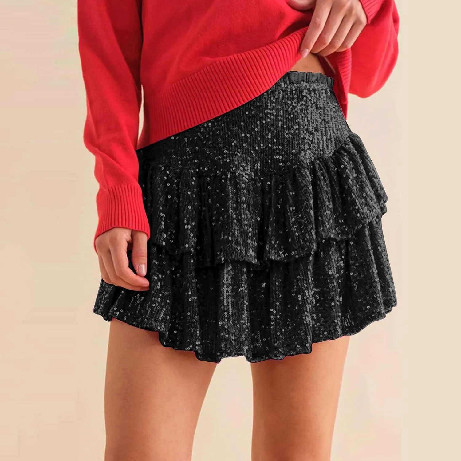 Mini Skirts for Women Trendy Sequin Sparkly High Waist Tummy Control Hot Ruffles A Line Pleated Dance Short Skirts
