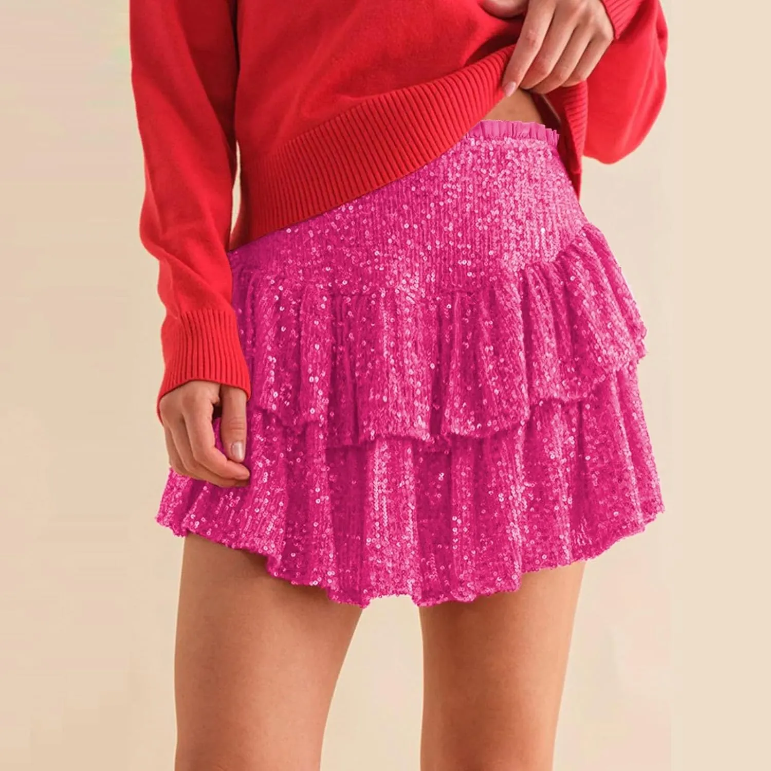 Mini Skirts for Women Trendy Sequin Sparkly High Waist Tummy Control Hot Ruffles A Line Pleated Dance Short Skirts