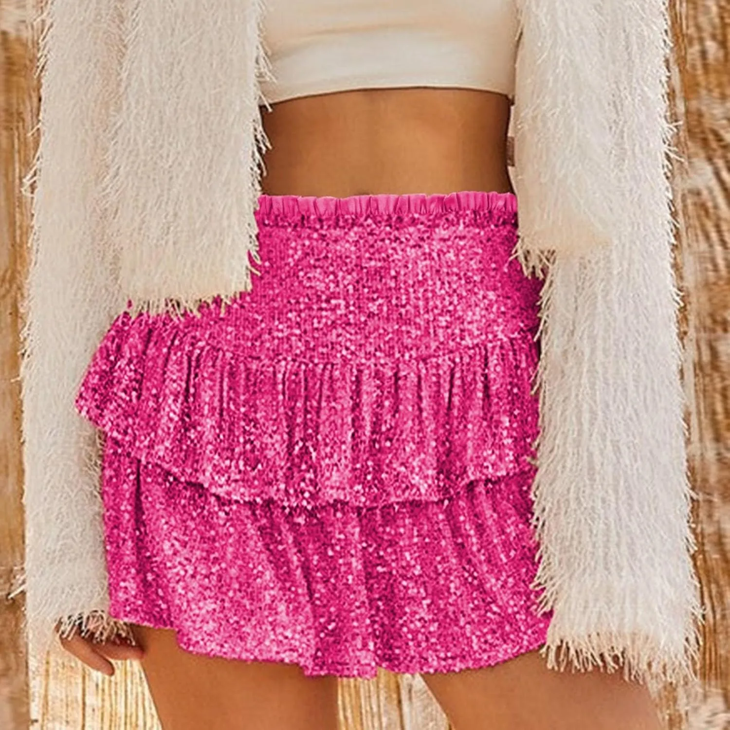 Mini Skirts for Women Trendy Sequin Sparkly High Waist Tummy Control Hot Ruffles A Line Pleated Dance Short Skirts