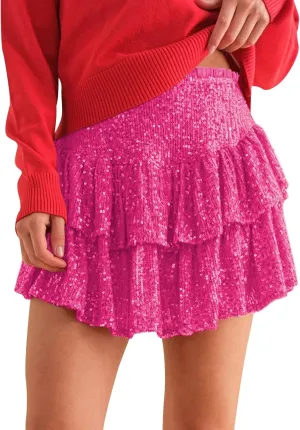 Mini Skirts for Women Trendy Sequin Sparkly High Waist Tummy Control Hot Ruffles A Line Pleated Dance Short Skirts