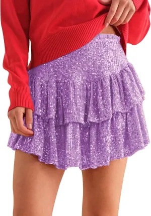 Mini Skirts for Women Trendy Sequin Sparkly High Waist Tummy Control Hot Ruffles A Line Pleated Dance Short Skirts