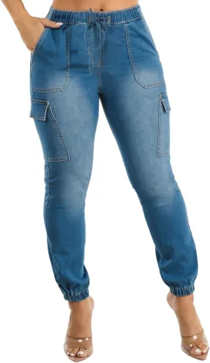 Moda Xpress Women's Casual High Waisted Stretchy Wide Leg Cargo Denim Jeans and Pants with Pockets for Women