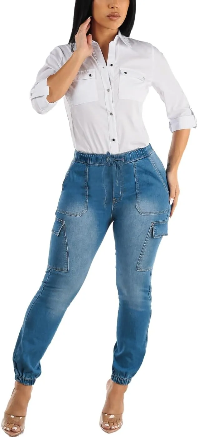 Moda Xpress Women's Casual High Waisted Stretchy Wide Leg Cargo Denim Jeans and Pants with Pockets for Women