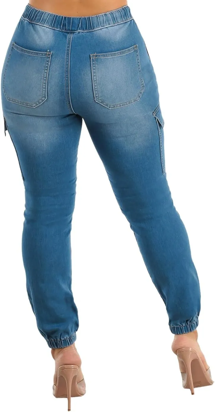 Moda Xpress Women's Casual High Waisted Stretchy Wide Leg Cargo Denim Jeans and Pants with Pockets for Women