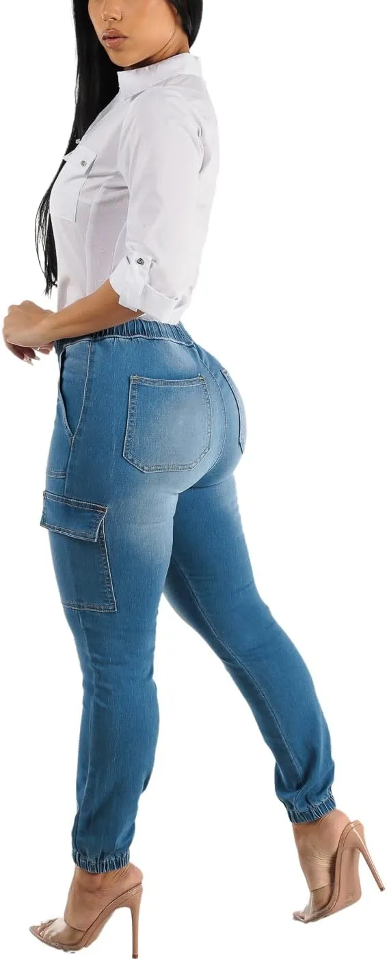 Moda Xpress Women's Casual High Waisted Stretchy Wide Leg Cargo Denim Jeans and Pants with Pockets for Women
