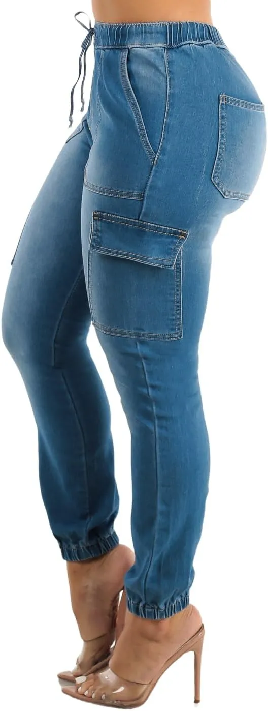 Moda Xpress Women's Casual High Waisted Stretchy Wide Leg Cargo Denim Jeans and Pants with Pockets for Women
