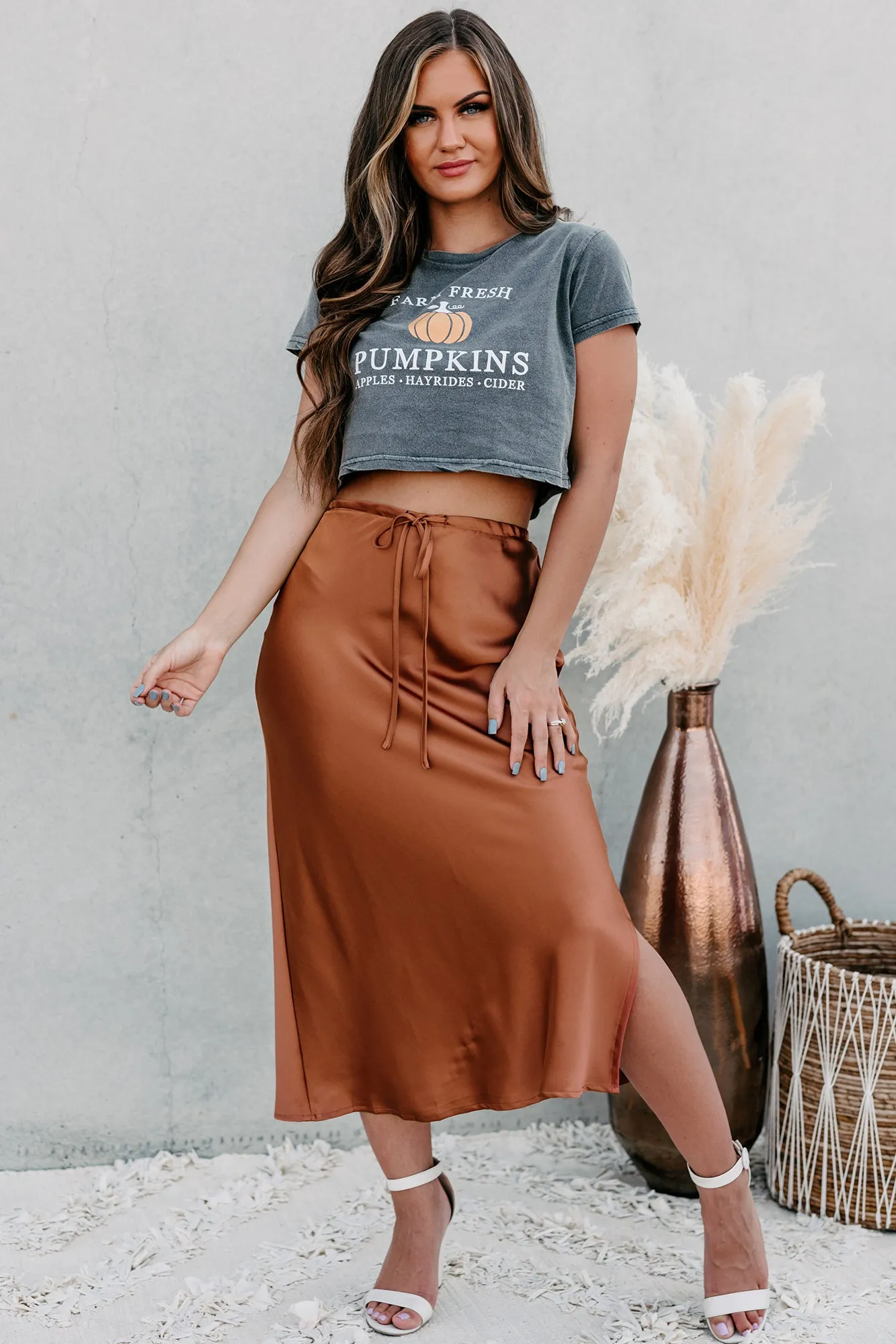 My Personal Preference Satin Midi Skirt (Rust)