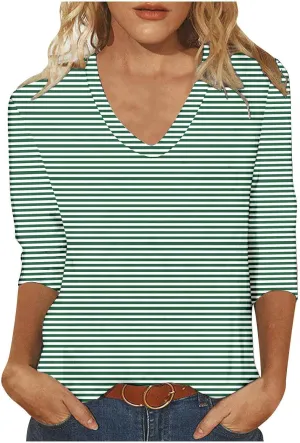 Mzkdieey Women's 3/4 Sleeve Striped T-Shirt Summer Casual V Neck Loose Fit Tops Three Quarter Length Shirt Going Out Blouse