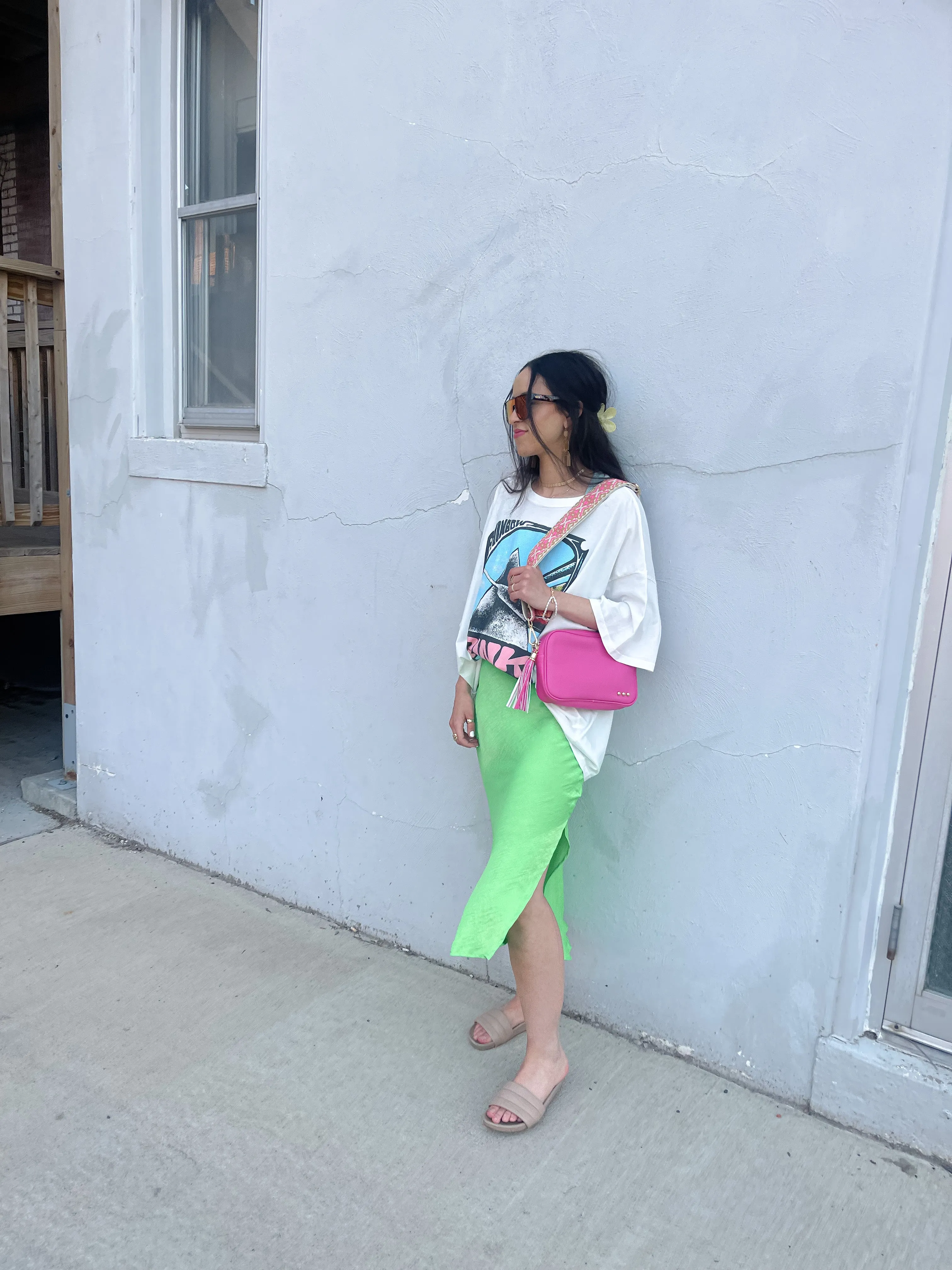 Neon Green Satin Midi Skirt