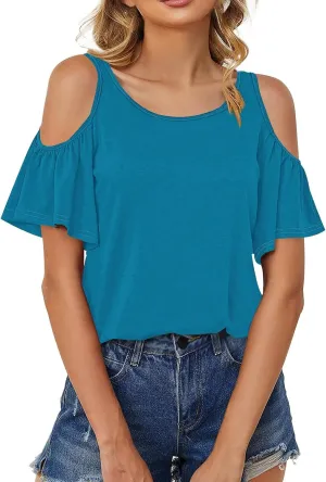 Off The Shoulder Tops for Women Ruffle Short Sleeve V-Neck Shirts Casual Loose Babydoll Blouses Cruise Outfits