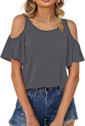 Off The Shoulder Tops for Women Ruffle Short Sleeve V-Neck Shirts Casual Loose Babydoll Blouses Cruise Outfits