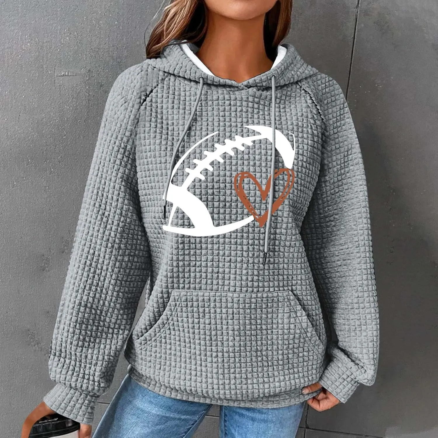 Oversized Hoodies For Women Funny Football Graphic Pullover Sweatshirts Casual Loose Long Sleeve Waffle Knit Tops