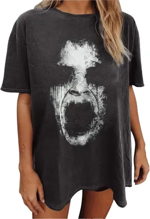 Oversized Skeleton Printed Vintage T-Shirts Womens Horror Ghost Graphic Gothic Shirts Halloween Loose Casual Tee Tops