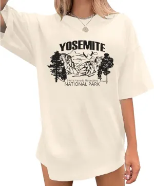 Oversized Yosemite Graphic Tees for Women National Park Vintage T Shirts Mountain Printed Tshirt Outdoor Hiking Top