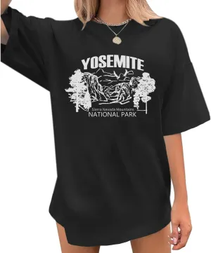 Oversized Yosemite Graphic Tees for Women National Park Vintage T Shirts Mountain Printed Tshirt Outdoor Hiking Top