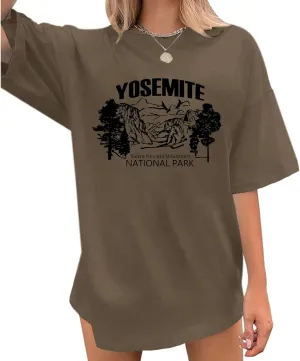 Oversized Yosemite Graphic Tees for Women National Park Vintage T Shirts Mountain Printed Tshirt Outdoor Hiking Top