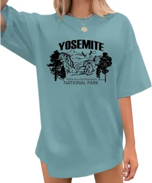 Oversized Yosemite Graphic Tees for Women National Park Vintage T Shirts Mountain Printed Tshirt Outdoor Hiking Top