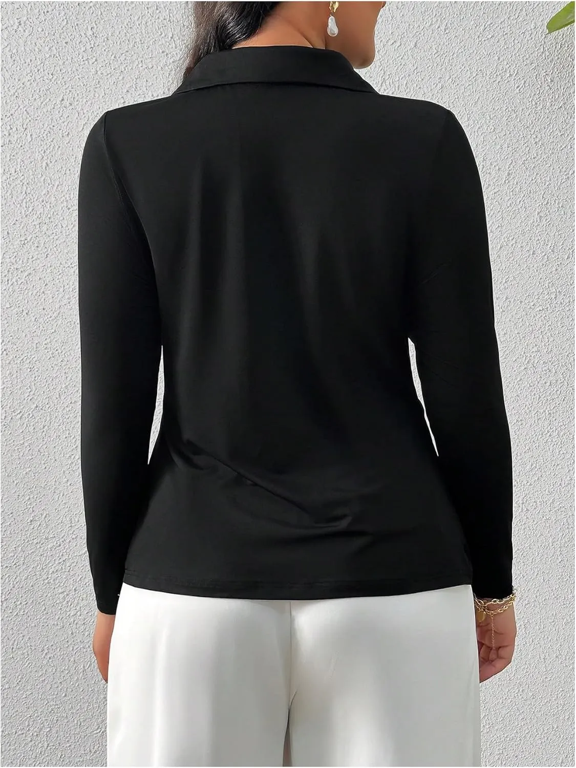 OYOANGLE Women's Plus Size Ruched Long Sleeve Collared V Neck Fitted T-Shirts Work Office Casual Tops