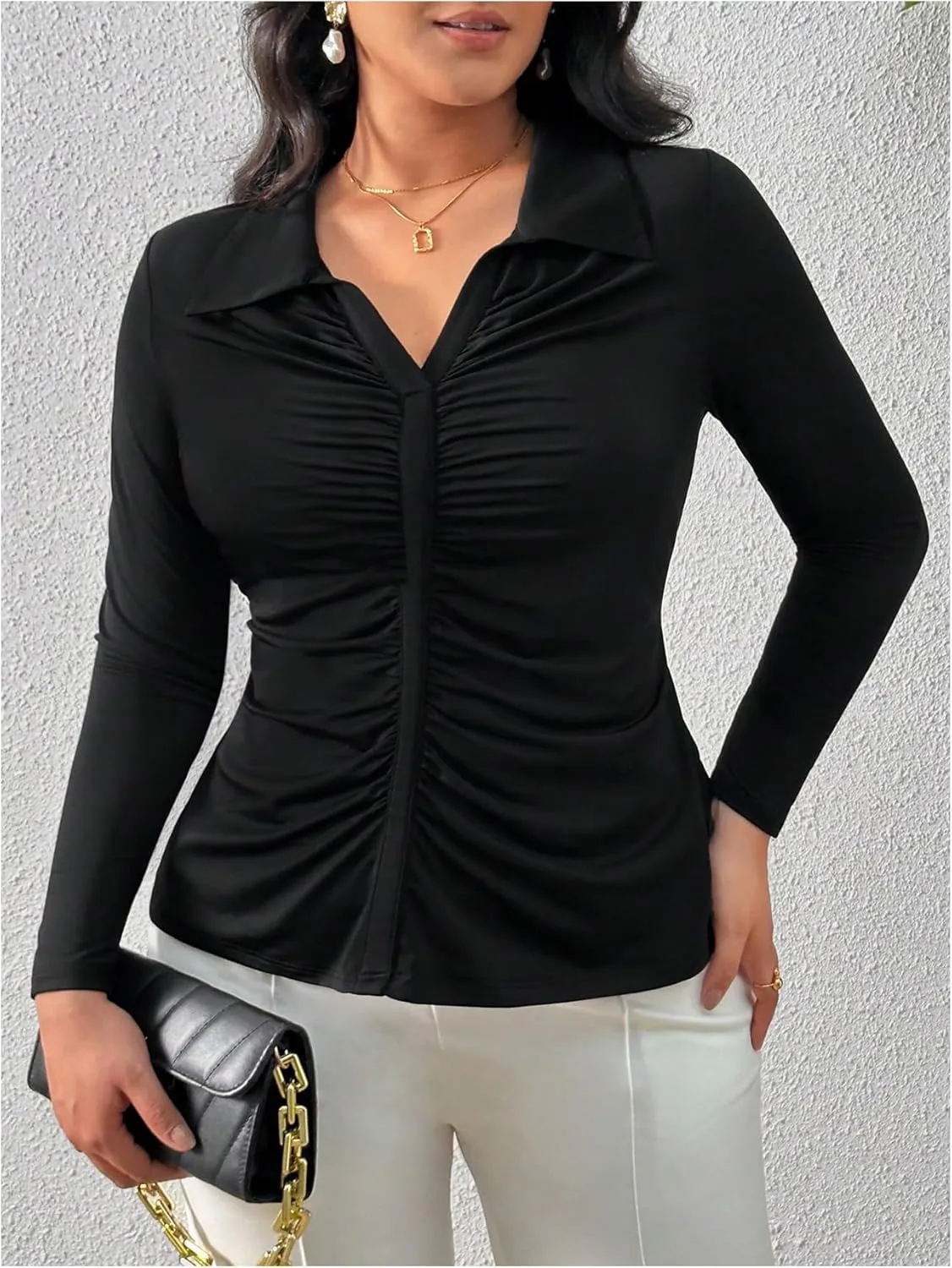 OYOANGLE Women's Plus Size Ruched Long Sleeve Collared V Neck Fitted T-Shirts Work Office Casual Tops